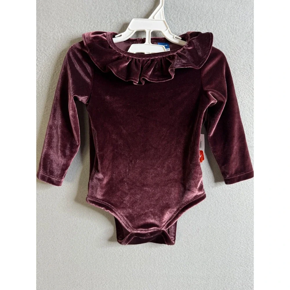 Old Navy Baby Girl 12-18 M Velvet‎ Ruffle Collar Bodysuit Burgundy NWT
